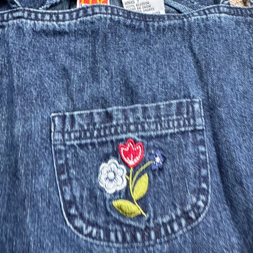 Vintage McKids McDonalds Girls Size 7 Embroidered Denim Jumper Dress Flowers Y2K